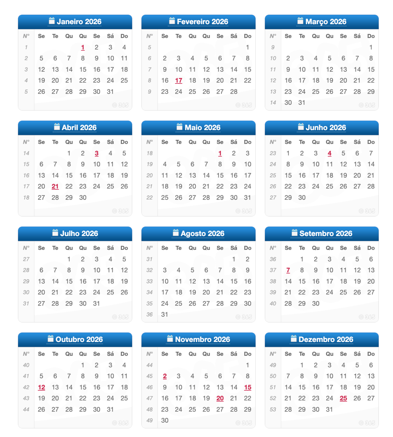 Calendário 2026. Veja os feriados. - Foto: reprodução/Calendario365