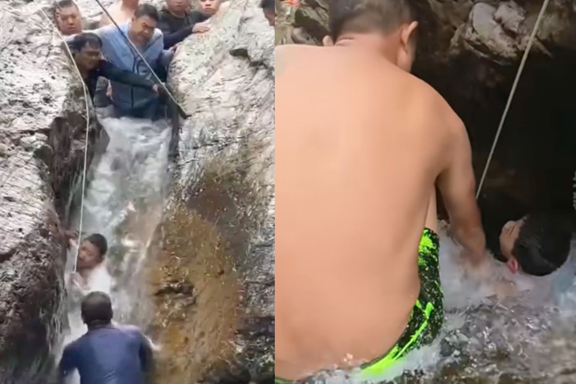 Turistas fizeram uma parede humana para salvar a vida do menino que ficou preso entre duas pedras em um rio, apenas com a cabeça para fora, na China. - Foto: Douyin