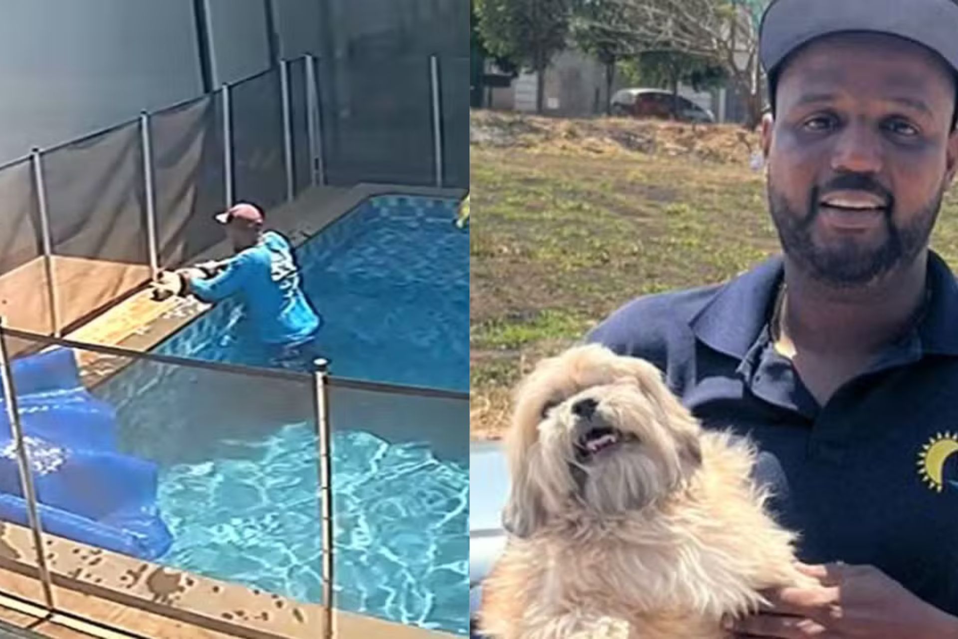 O piscineiro Vinícius trabalha há anos para a família e esta semana salvou o Choquito, um cão idoso e cego que caiu na piscina da casa, em Goiânia. -Foto: Reprodução câmera de segurança/Arquivo pessoal Vinicius Orlando