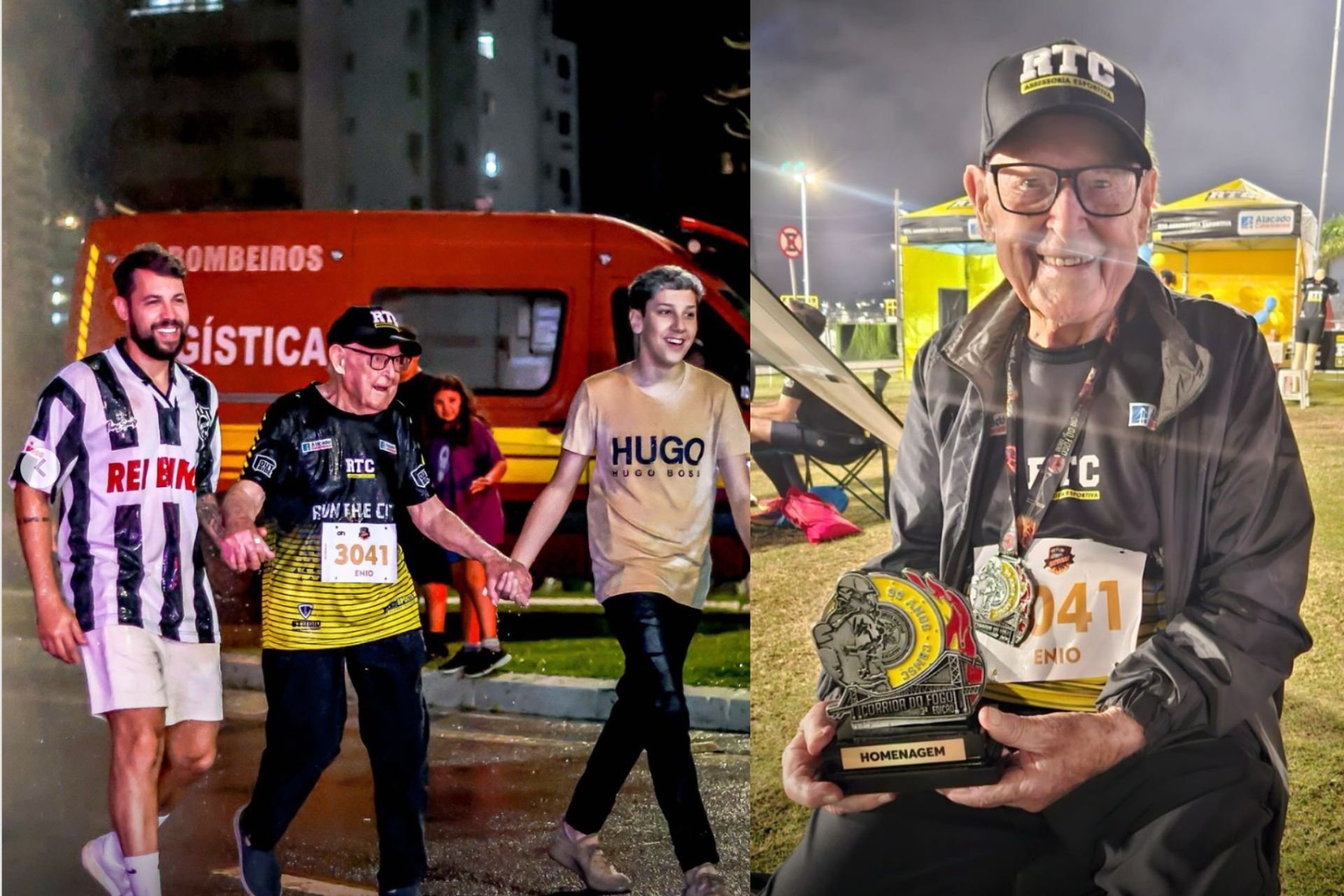 Seu Ênio, um idoso de 104 anos, fez 3 km ao lado dos netos na corrida deste sábado (20) em Florianópolis (SC). - Fotos: Floripamilgrau