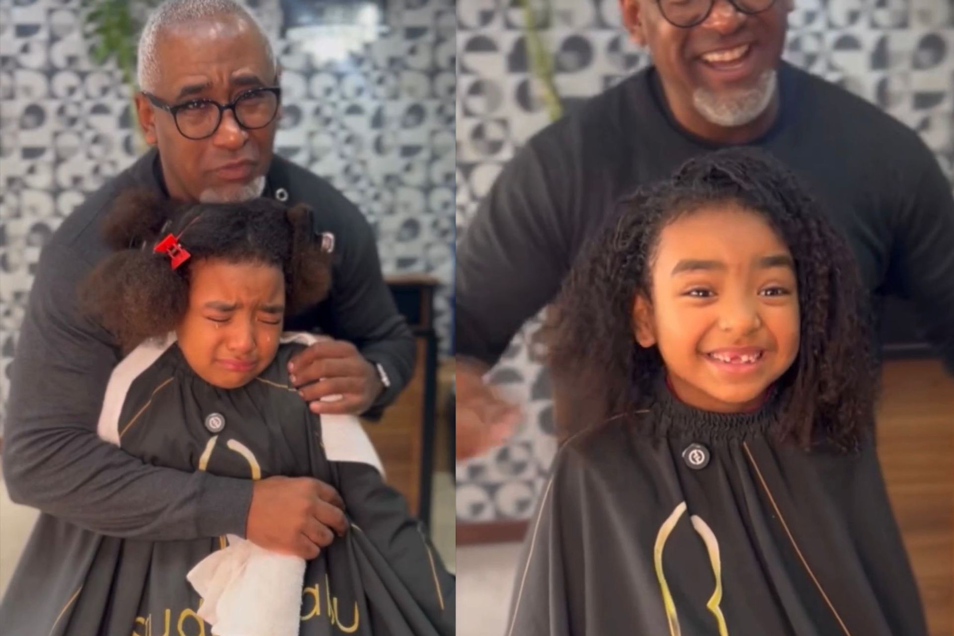 O barbeiro especializado em cabelos afro Babu Cardoso, fez a menina Ana Clara, que chorava por causa do bullying com cabelo, voltar a sorrir novamente. Fotos: reprodução/redes sociais