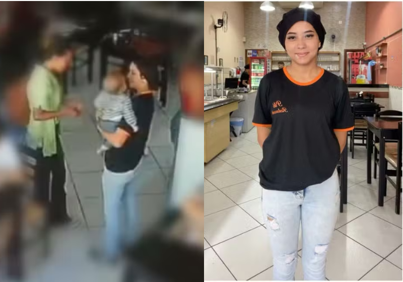 A funcionária pegou o bebê do colo e cuidou para que a mãe, que é cliente do restaurante, pudesse almoçar, em SP - Foto: reprodução G1