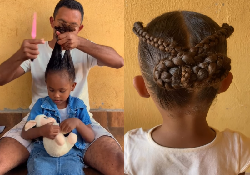 O pai viralizou ao fazer penteados impecáveis na filha. Os vídeos ganharam as redes. - Foto: reprodução redes sociais