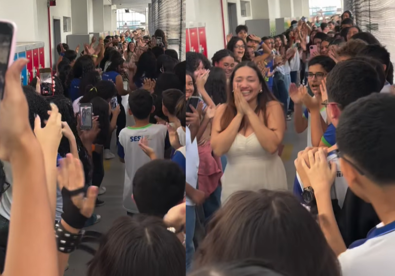 Os alunos se reuniram e fizeram um corredor de aplausos para homenagear a professora que passou em concurso público e vai para a rede estadual. - Foto: reprodução redes sociais