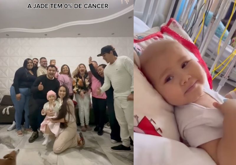 Isabella, a mãe, encontrou a forma mais emocionante para contar para toda a família de MG que a filha, Jade, está livre do câncer. - Fotos: reprodução/redes sociais