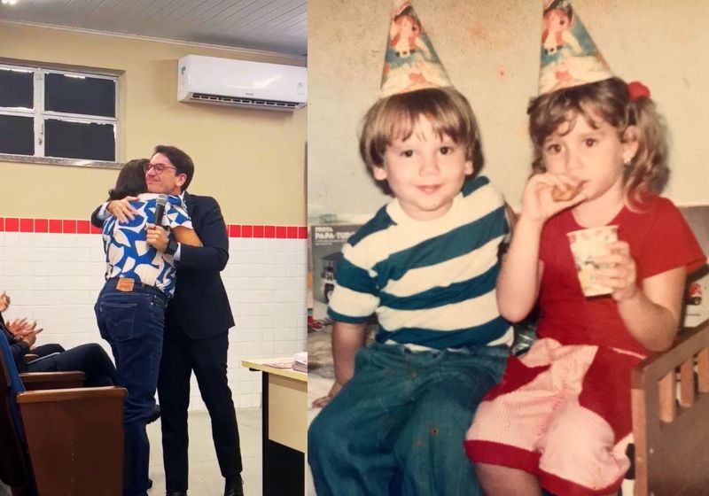 O juiz Francisco Tojal foi dar uma palestra numa escola de Aracaju e reencontrou a primeira professora. Ele se emocionou e depois recebeu uma mensagem linda dela. - Fotos: reprodução/redes sociais/arquivo pessoal