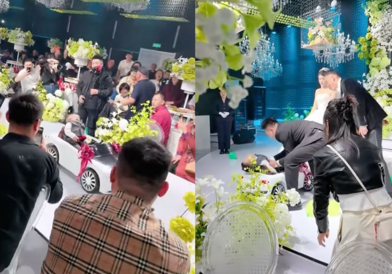 Na China, um menino que seria pajem e levaria as alianças no casamento, não aguentou de cansaço e entrou dormindo no carrinho acionado por controle remoto. - Foto: reproduçãoYoutube