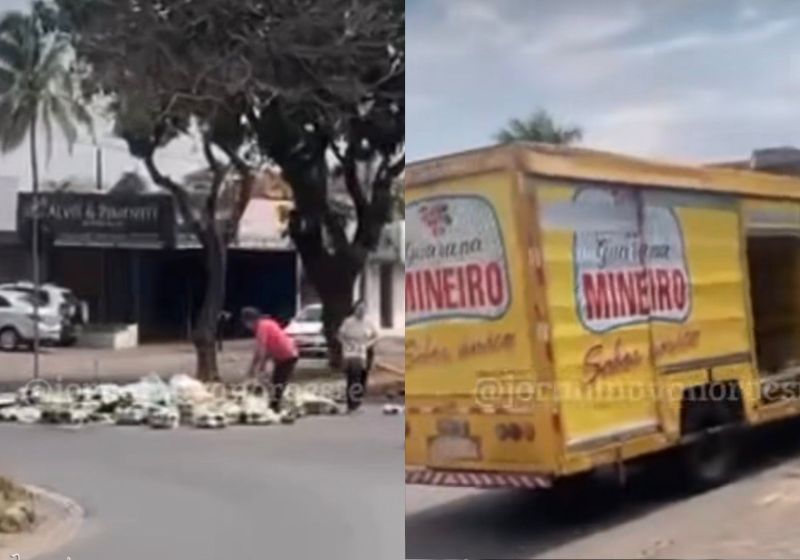 O vídeo mostra moradores de Goiânia que param para recolher e devolver a carga de refrigerantes que o caminhão derrubou na pista. Fotos: reprodução/Instagram