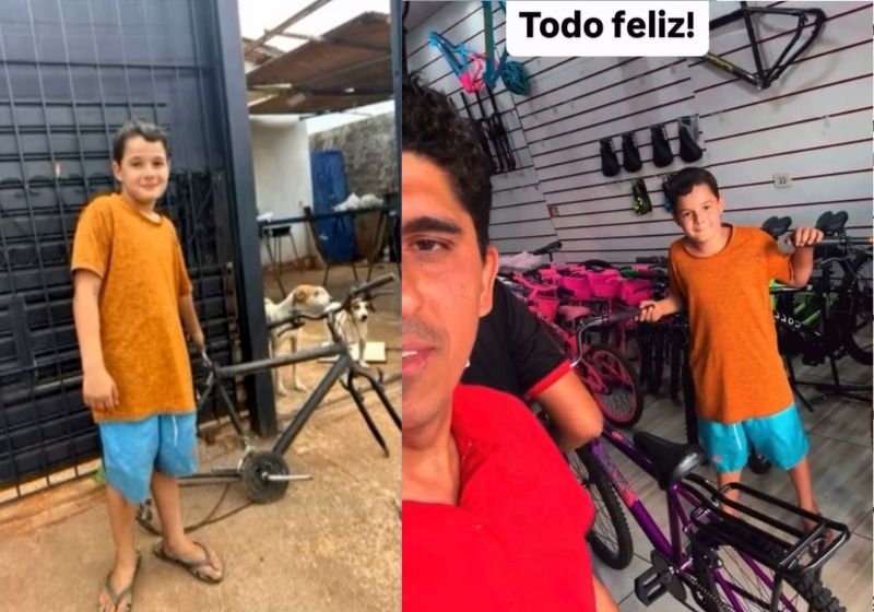 O comerciante Francisco Anes, de Goiânia, lembrou do passado pobre e deu uma bike nova ao Felipe, de 11 anos que só tinha uma carcaça de bicicleta para brincar. - Fotos: reprodução/ Instagram