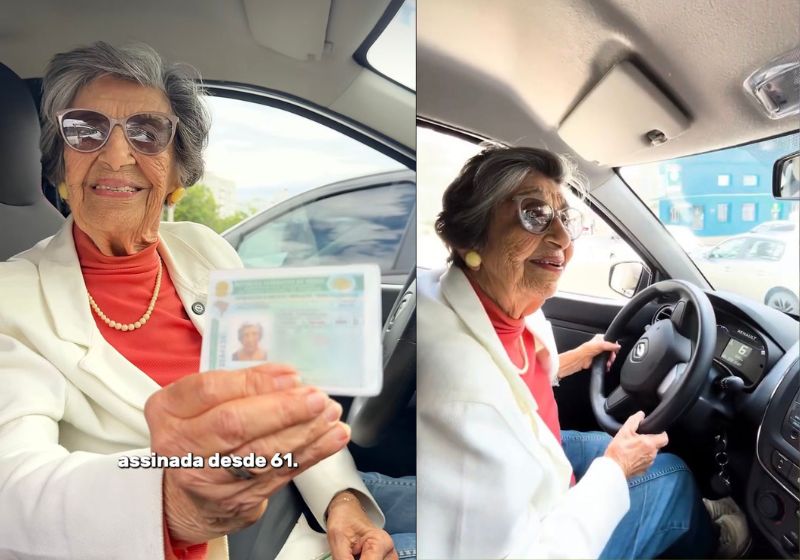 Quase centenária, dona Marilde, idosa de 98 anos, dirige até hoje nas ruas de Florianópolis com bons reflexos, visão e lucidez. - Fotos: reprodução/Instagram