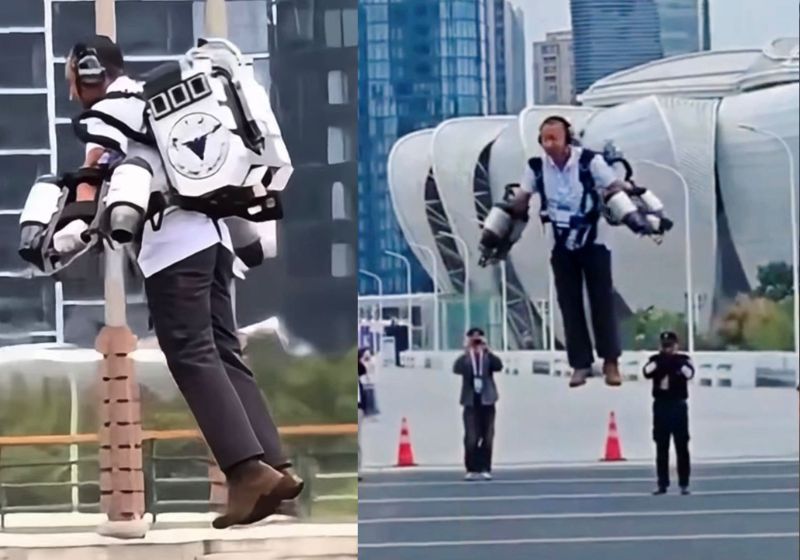 Veja a primeira mochila voadora. Ela é chinesa e foi apresentada na Conferência Internacional sobre Robôs e Sistemas Inteligentes de 2025. - Foto: reprodução/CGNT