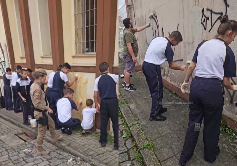 Alunos dão aula de responsabilidade social e limpam as pichações de muros espalhados por toda a cidade de Blumenau (SC) - Foto: Floripa Mil Grau