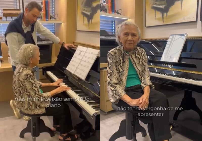 Jacy, uma idosa que comprou o primeiro piano quando tinha 84 anos, hoje tem 92 e toca lindamente em Vitória (ES) - Foto: reprodução Instagram
