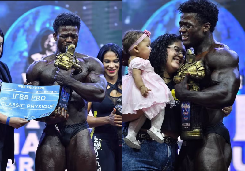 O ex-feirante Rodrigo Pantera venceu o Mr. Olympia e garantiu o Pro Card. Ele se emocionou ao relembrar a vida dura que teve até aqui. - Foto: reprodução redes sociais