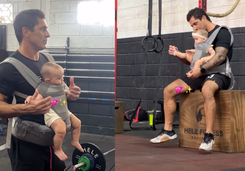 Um treinador de crossfit segura a bebê da aluna dele no colo enquanto a mãe treina. O vídeo, gravado no RS, viralizou e até pretendentes apareceram para o professor. - Foto: redes sociais