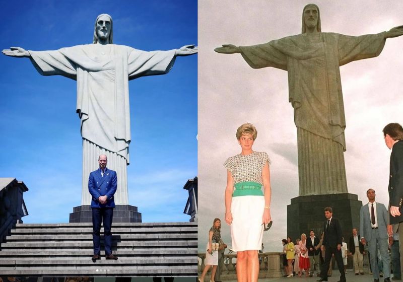 O Príncipe William aos pés do Cristo Redentor em 2025 e a mãe, Lady Di no mesmo local em 1991. - Fotos: Instagram/Arquivo