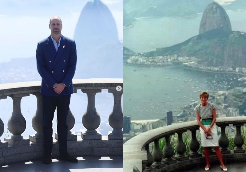 O Príncipe William aos pés do Cristo Redentor em 2025 e a mãe, Lady Di no mesmo local em 1991. - Fotos: Instagram/Arquivo