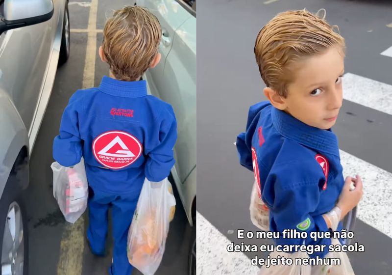Filho insiste em carregar sacolas da mãe na rua: cavalheiro desde cedo; vídeo