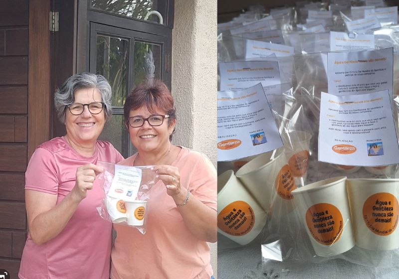 Os kits do Dia Mundial da Gentileza 2025, dados a moradores de um condomínio em Valinhos (SP) tem 2 copos biodegradáveis para eles presentearem outra pessoa e ajudarem a natureza também. - Fotos: Roberta Corsi