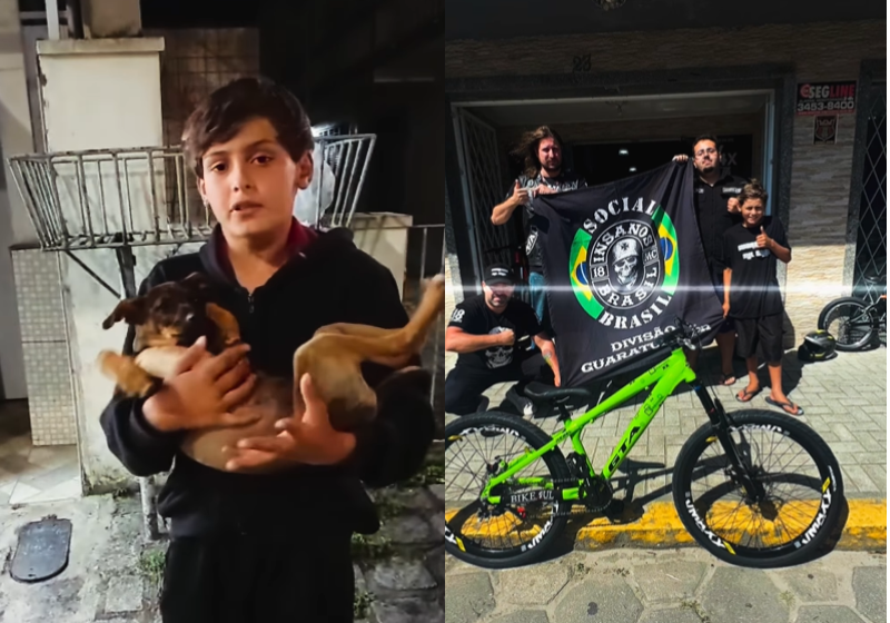 O menino deu a bicicleta dele em troca de uma cachorrinha que sofria maus-tratos , - Foto: redes sociais