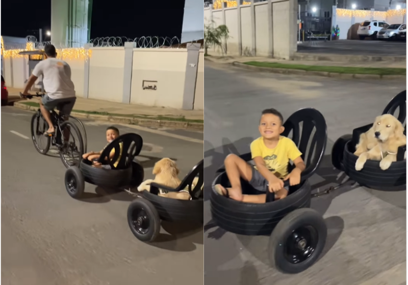Pai cria trenzinho improvisado para passear com filho e cachorro e faz sucesso nas redes sociais