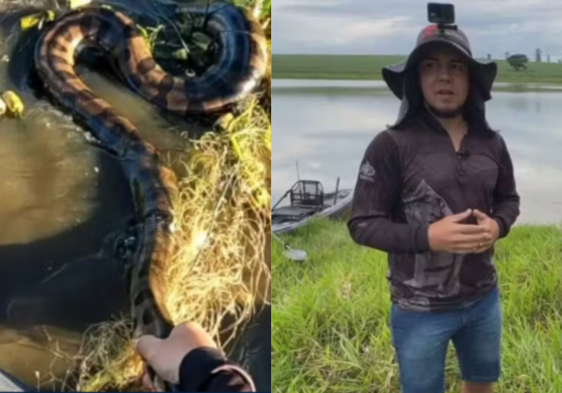 O pescador encontrou uma cobra sucuri gigante, presa em uma rede de pesca. Mesmo com receio, ele conseguiu salvar o animal - Foto: arquivo pessoal