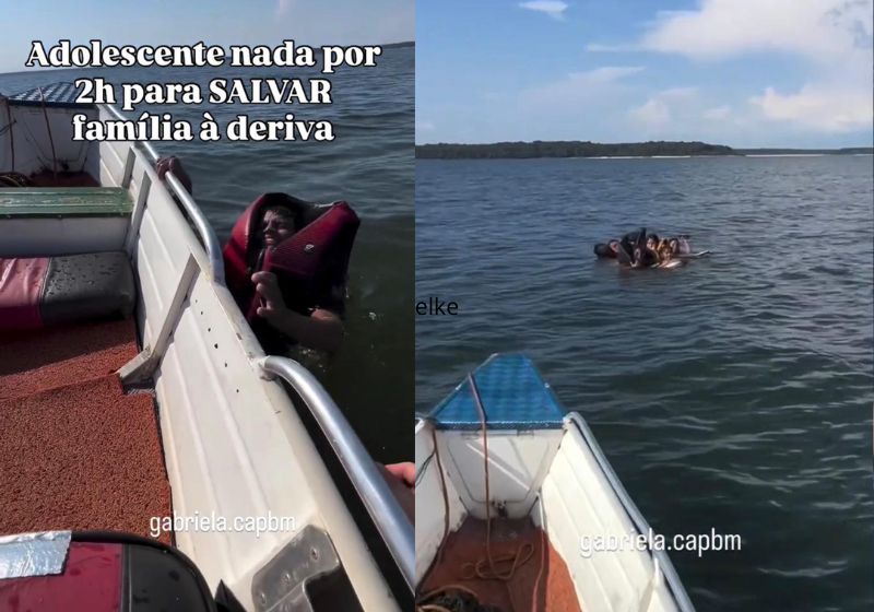 Este adolescente nada durante 2 horas e pede socorro para a família, que estava à deriva em um rio do Pará. As 6 pessoas foram resgatadas. - Fotos: reprodução/Instagram