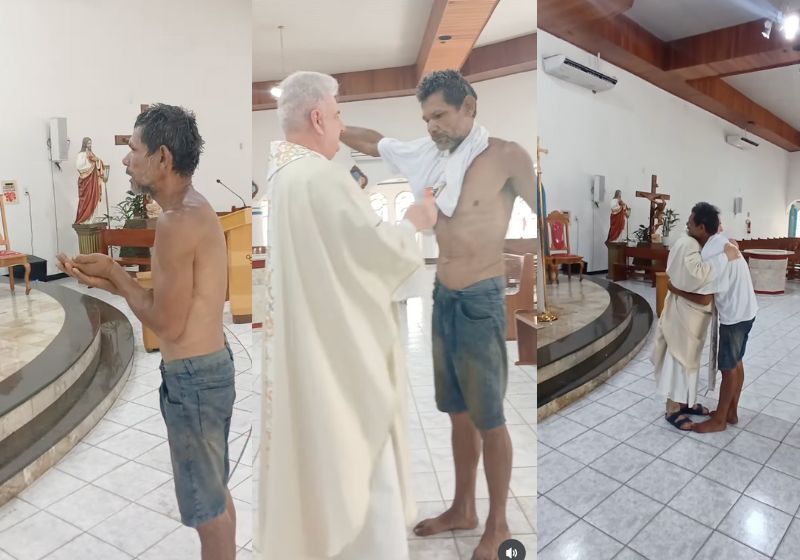 O homem descalço entrou na igreja, se aproximou do padre e pediu bênção para a família dele. E recebeu muito mais do páraco de Marabá (PA). - Fotos: reprodução/CorreioDeCarajás