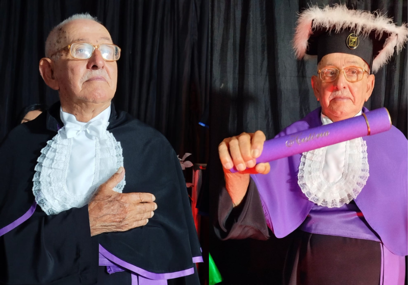 Seu Carmelindo, um idoso de 89 anos, realiza o sonho e se forma em História. Ele cresceu na roça, no RS, enfrentou comentários desmotivadores, mas persistiu.- Foto: reprodução Rádio Itapuí