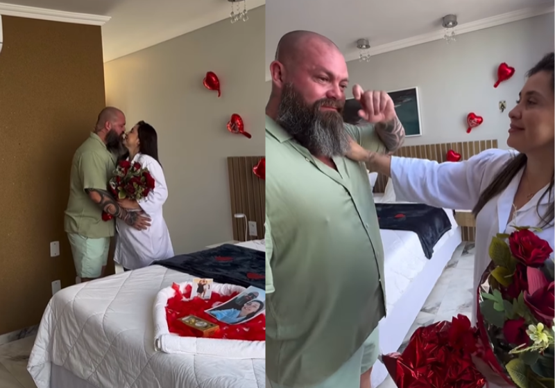 O marido preparou uma surpresa linda para a mulher, no Rio de Janeiro. Eles comemoram 21 anos de casados e o vídeo está conquistando corações nas redes. - Foto: redes sociais