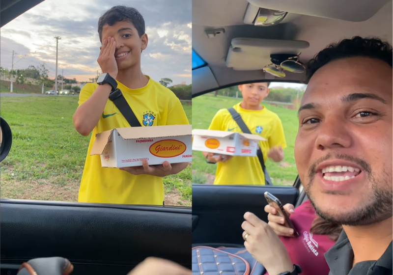 Homem ajuda menino que vendia paçoca na rua com número do Pix errado no cartão. Ele voltou e ainda pagou todo o prejuízo da criança, em São José do Rio Preto (SP).- Foto: redes sociais