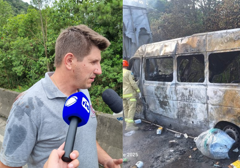 Um motorista salva 15 passageiros. Ele entrou na van após uma colisão e cortou o cinto de todos antes que o fogo tomasse conta - Foto: Corpo de Bombeiros