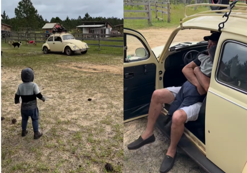 O avô percorreu 600 km para levar o presente dos sonhos do netinho. Foi emocionate - Foto: redes sociais