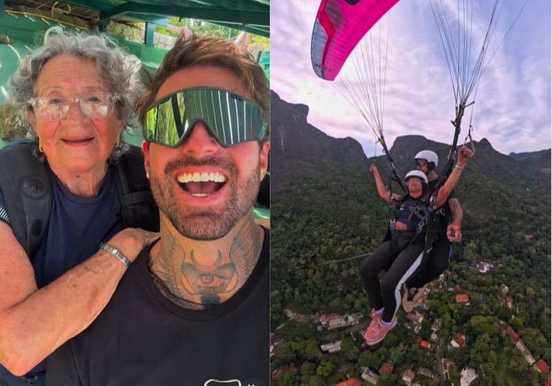 A vovó escolheu voar de parapente para comemorar o aniversário de 85 anos. Uma lindeza! - Foto: redes sociais