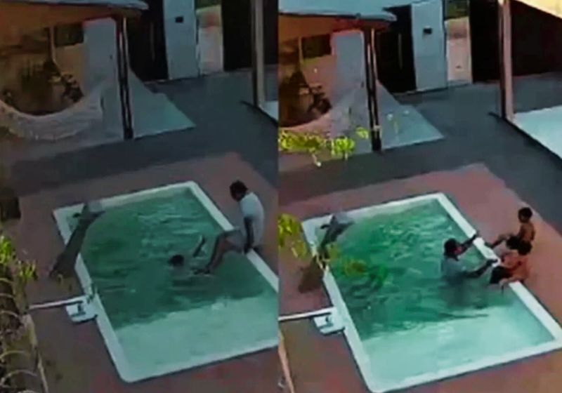 A câmera de segurança da casa mostra o momento em que o pai salva os dois filhos pequenos que se afogavam na piscina em AL. - Fotos: Câmera de segurança