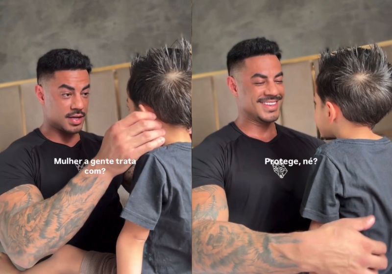 Consternado com casos recentes de violência, o pai Willian ensina com carinho ao filho como um homem deve tratar uma mulher. - Fotos: reprodução/Instagram