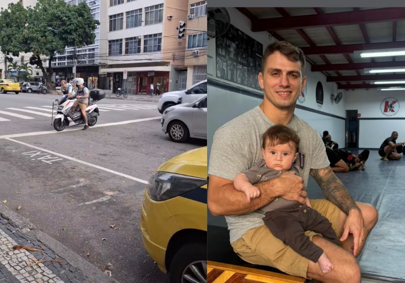 O motociclista que parou o trânsito para ajudar um idoso a atravessar uma avenida do Rio é o professor de Jiu-Jitsu Vinícius Vieira Kioto. - Fotos: reprodução/redes sociais