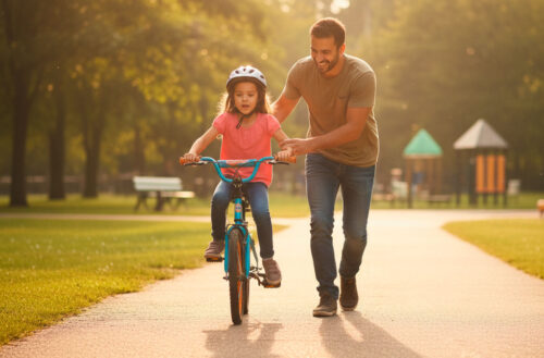 A técnica simples é por as mãos na cabeça da criança para ensinar a andar de bicicleta sem as rodinhas traseiras. Equilíbrio está na cabeça. - Foto: BikeKidsBr