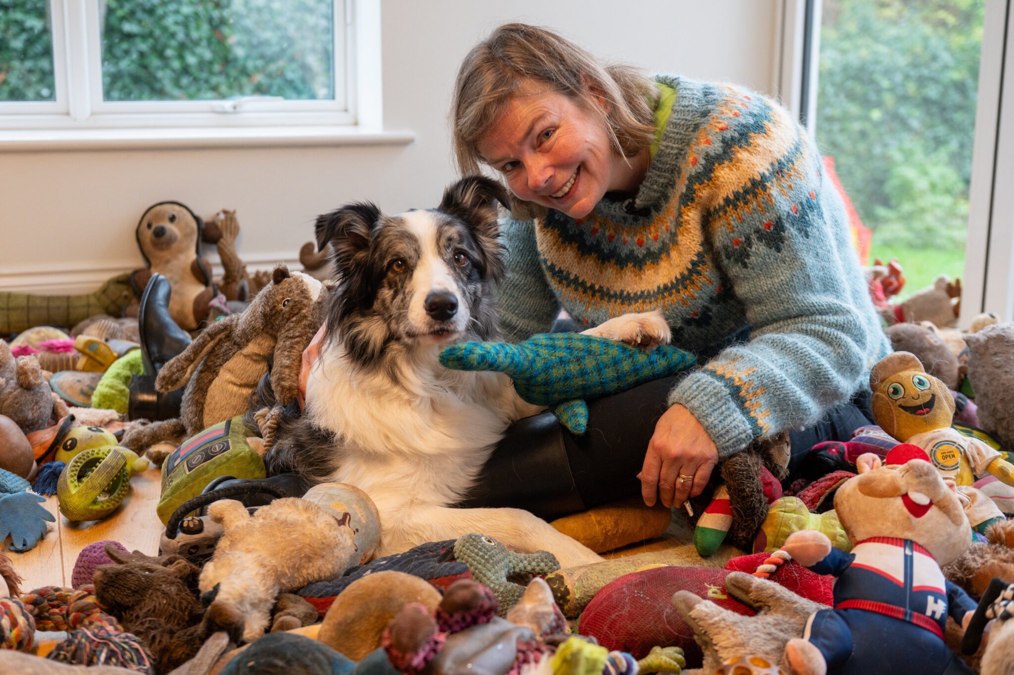 Harvey, o cão inteligente, com a tutora Irene e os 221 brinquedos que tem. Foto:Tony Kershaw / SWNS