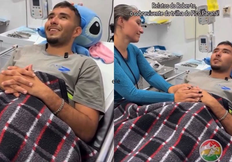 Roberto, o jovem que ficou perdido no Pico Paraná por 5 dias sozinho, contou no hospital onde se recupera que pediu proteção a Deus nos momentos e frio e fome. - Fotos: alohaecotur/Instagram
