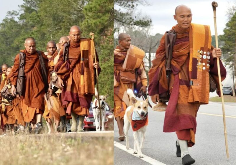 Monges Budistas fazem um caminhada de 3.700 km pela paz nos Estados Unidos e são acompanhados por um cachorro resgatado que não larga deles. - Fotos: reprodução/Instagram
