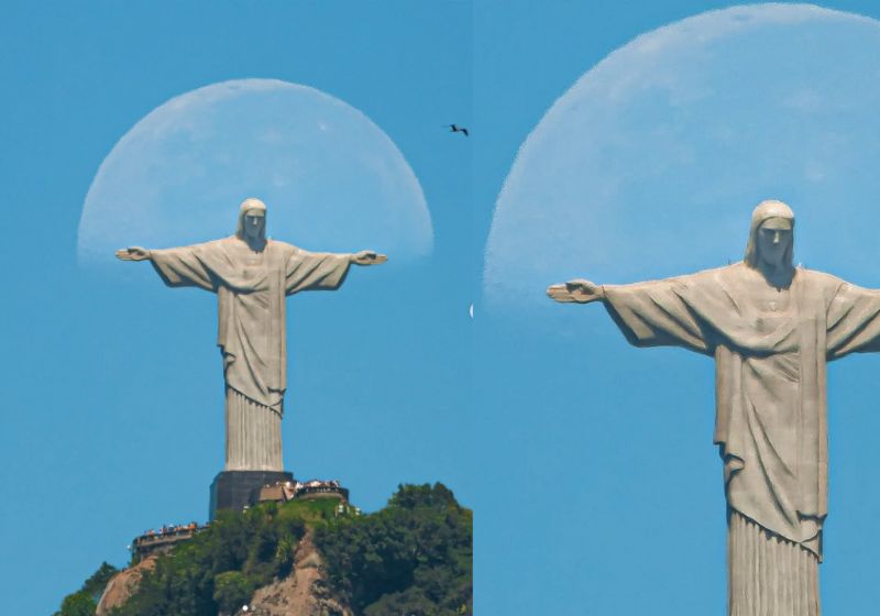 A foto da Lua "abraçando" o Cristo Redentor, no Rio de Janeiro, foi tirada pelo fotógrafo Bruno Dulcetti, na Urca, e viralizou. - Foto: Instagram/dul7art