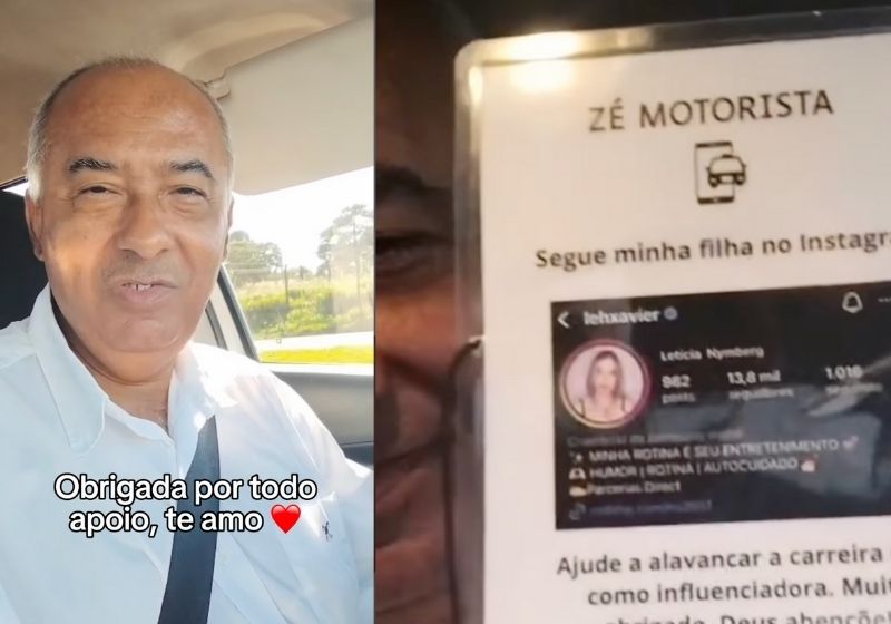 Video do seu José Aparecido, motorista que faz propaganda com cartaz no carro, para passageiros seguirem a filha dele, bateu 3,2 milhões de views. - Fotos: reprodução/Instagram