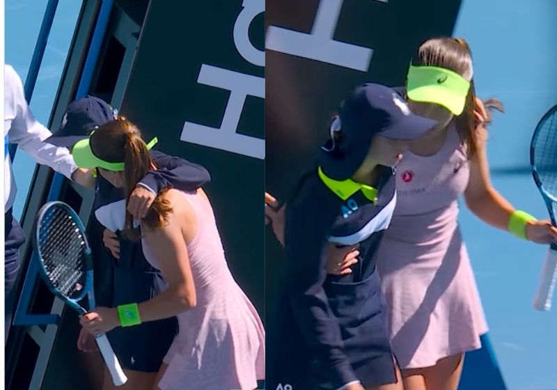 A tenista turca Zeynep Sonmez interrompeu o jogo no US Open, na Austrália, para ajudar a boleira que passou com o calor e desmaiou na quadra, neste domingo, 18. - Fotos: reprodução/TNT Sports