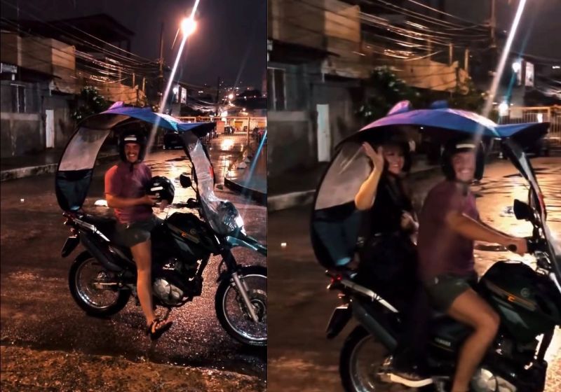 O vídeo do Uber moto Guilherme Vicente, com a cobertura contra chuva, fez tanto sucesso em Nova Iguaçu (RJ) que bateu 2 milhões de visualizações em 24h. - Fotos: reprodução/Instagram
