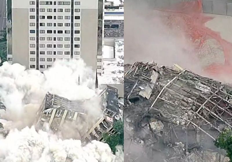 Em 5 segundos o esqueleto do prédio virou ruínas. No local será construído um novo hotel de luxo. - Fotos: Gnews
