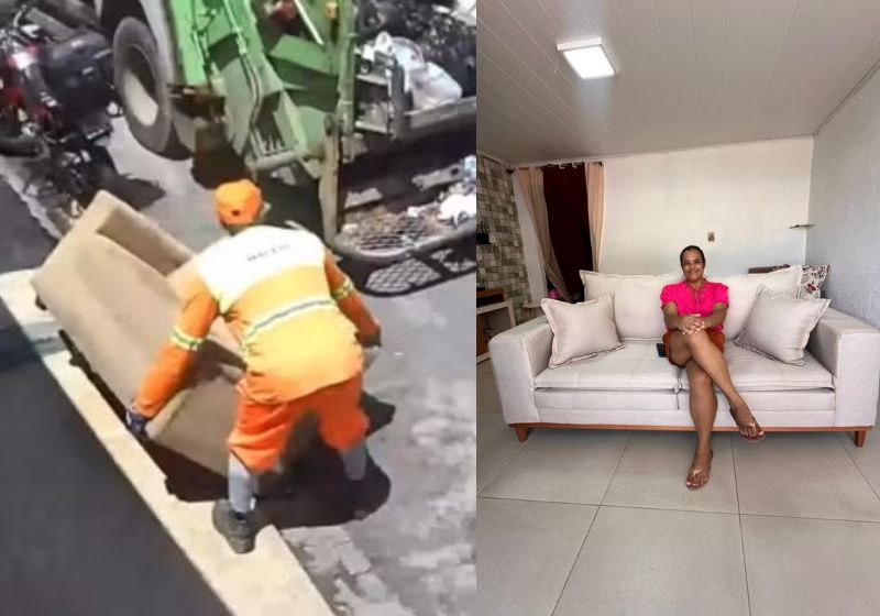 Fabiana, a mulher que teve o sofá recolhido por engano por coletores viralizou 2 vezes: com o vídeo da perda e com o sofá novo que ganhou em Maceió (AL). - Fotos: reprodução/redes sociais
