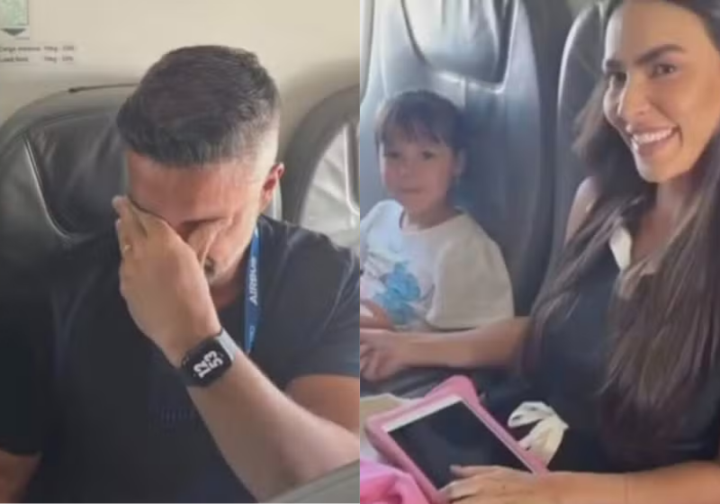 A mulher contou para o marido sobre a gravidez durante um voo em família. O vídeo emocionou os internautas -Foto: redes sociais