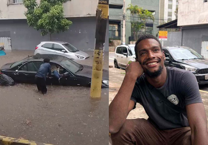 O jovem entra na água e salva um motorista que estava preso em um carro durante uma enchente - Foto: Edésio Ferreira/EM/D.A.Press