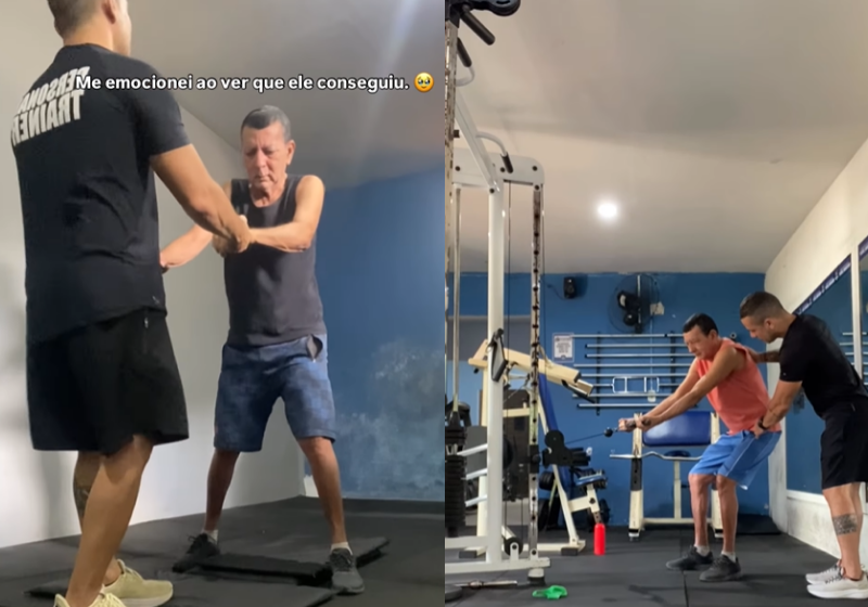 Um personal se emocionou quando viu um aluno dele voltar a se levantar após um AVC. O vídeo viralizou - Foto: redes sociais